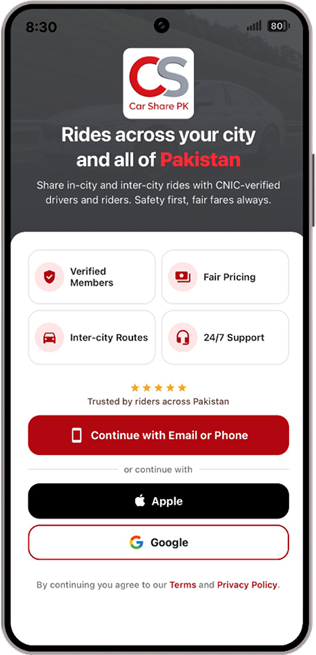 CarSharePK mobile app — find and share rides