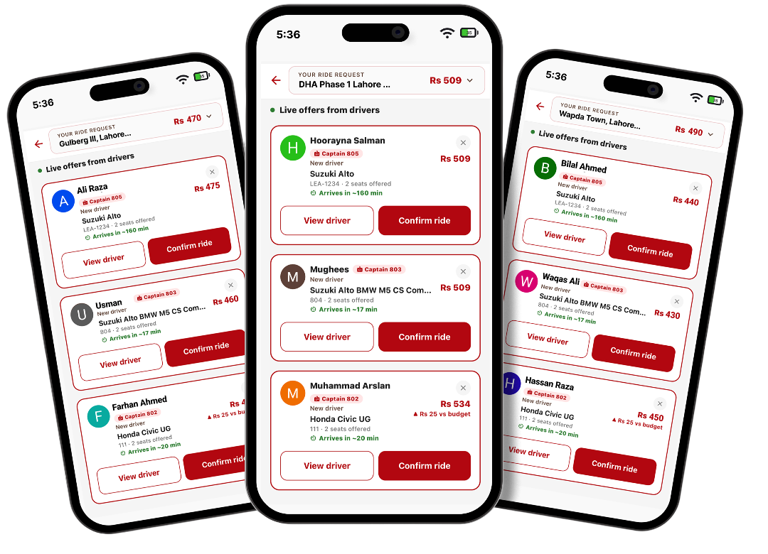 Drivers sending live ride offers to a CarSharePK rider